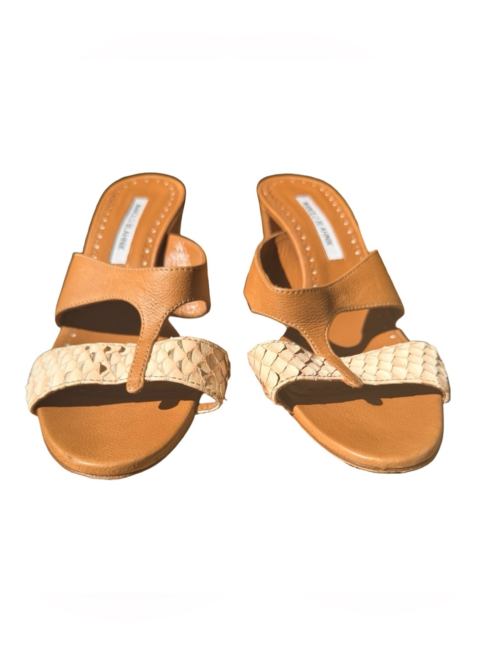 Manolo Blahnik Tan and Cream Leather Block Heel Mules - Picture 5 of 6